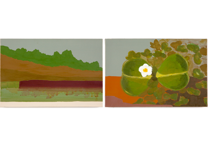 Rio Marimbus, 2012. Óleo e cera sobre linho. Díptico. 20 x 30 cm cada. Medida Total: 20 x 64 cm. Marimbus River, 2012. Oil and wax on linen. Diptych. 20 x 30 cm each. Total measure: 20 x 64 cm.