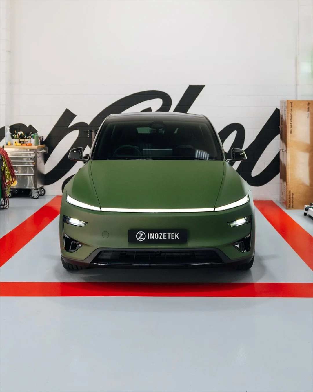 Tesla Model Y exterior colour change in Inozetek Dynamic PPF - Matte Army Green 🏁

@inozetek.nz 
@inozetek 

#thewrapshop #paintisdead #tesla #modely