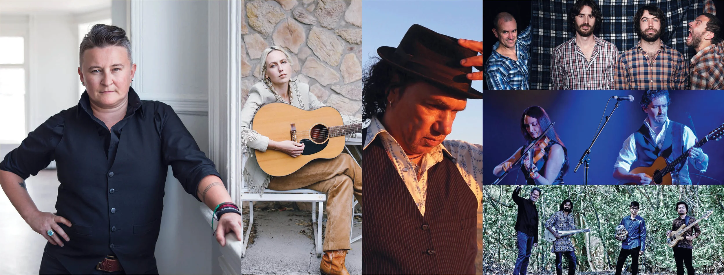 Performing at 2019 National Folk Festival (L-R): Irish Mythen, Freya Hollick, Glen Skuthorpe, Green Mohair Suits, Nancy Kerr & James Fagan, Praashekh Quartet.