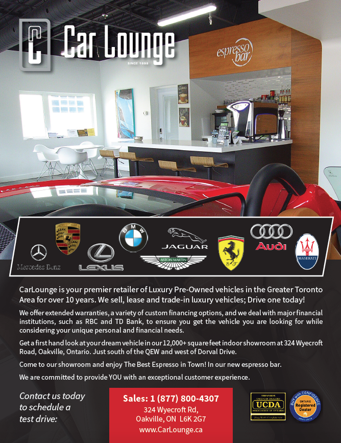 Full Page ad for Car Lounge Oakville for CBNM Magazine