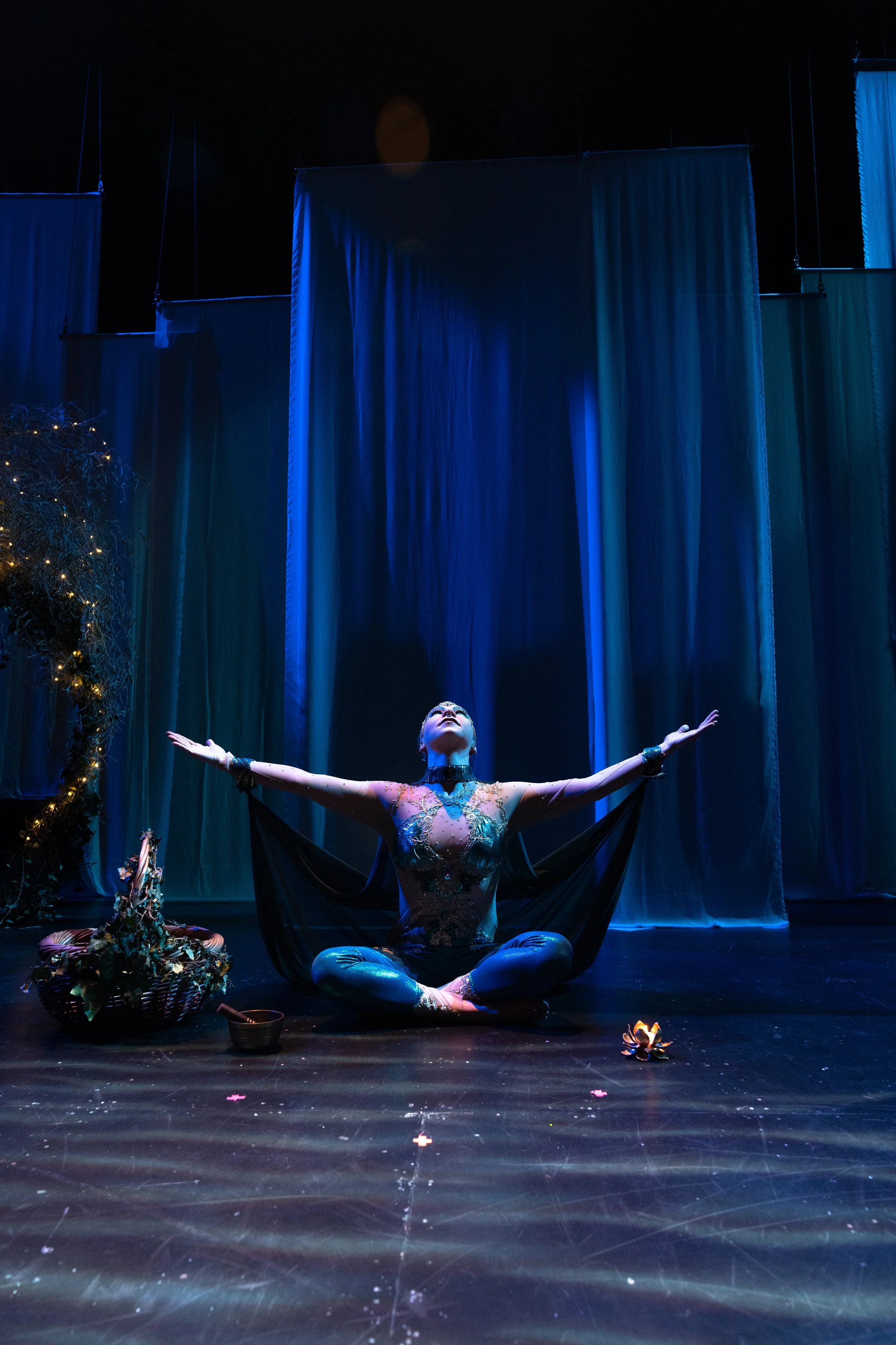 Dragonfly Dawn stage design by Natalie Rose Mabry, fantasy forest environment for aerial dance and good-versus-evil storytelling.