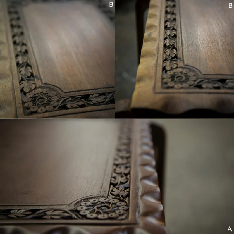 End Table: Stripped, repaired, sanded, stain reapplied, new coat of lacquer applied. 