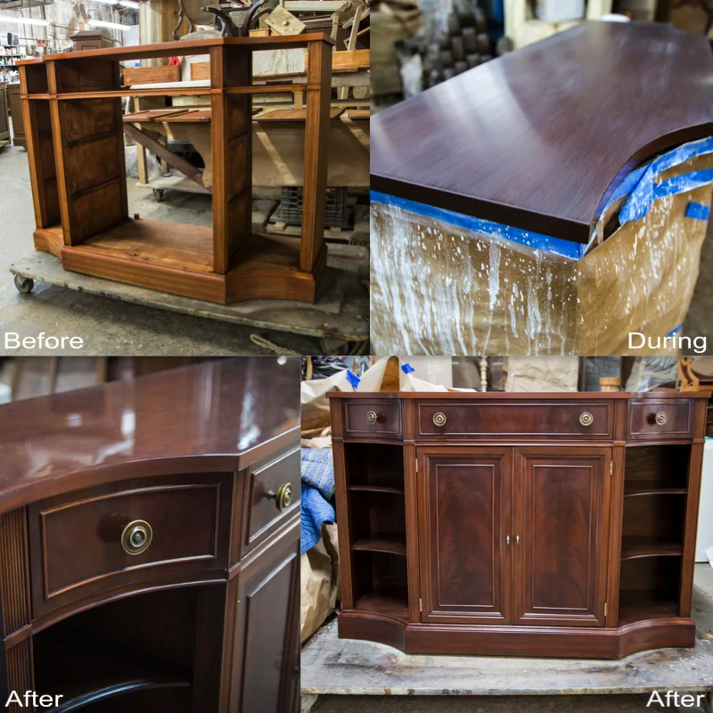 Cabinet: Stripped, sanded, scratches removed, stain reapplied, finished with a new coat of lacquer.