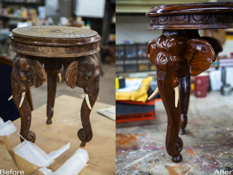 Elephant Stool: New Stain, Simple Re-Carvings, Legs Tightened, New Lacquer Coating.