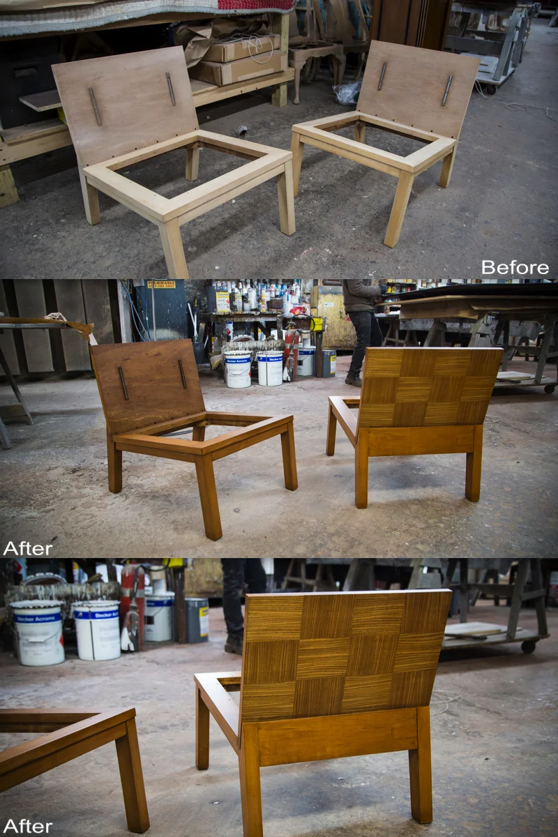 Chairs: Completely Stripped, Sanded, Dents Repaired, New Stain and Finish Applied