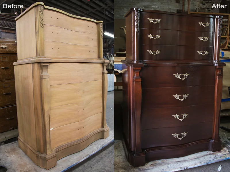 Dresser : Stripped, sanded, scratches removed, stain reapplied, new hardware added, finished with a new coat of lacquer.