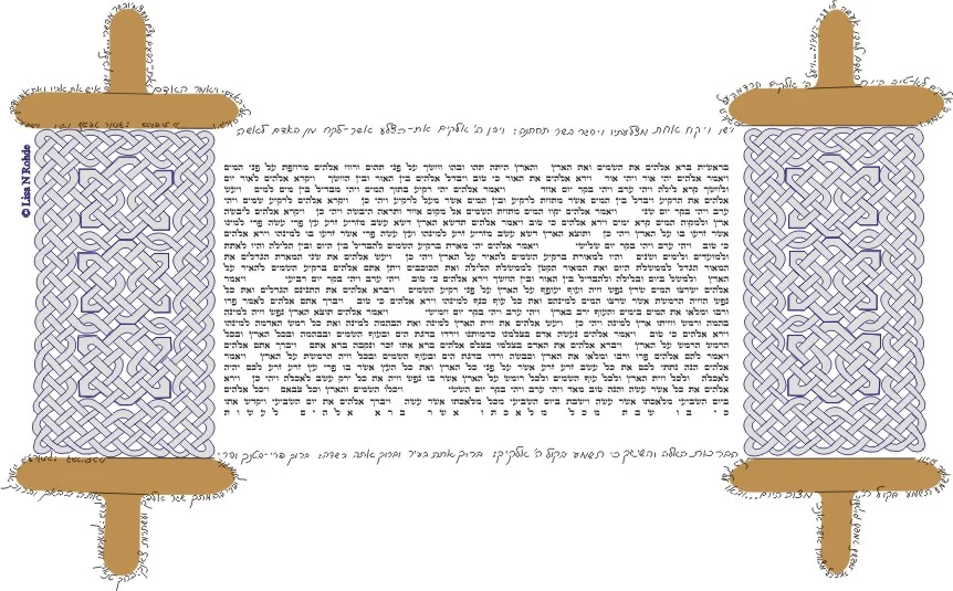 Torah design has text of the seven days of creation, Genesis 1. Text in the design is from the creation of Woman in Genesis 2.