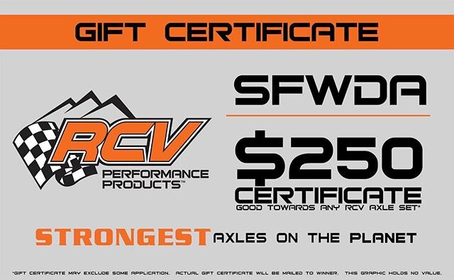 Looking for new Axles? This could be YOURS tonight!! RCV Performanxce has graciously donated a $250 Gift Certificate to SFWDA and we plan to give it away tonight on our 10th episode of SFWDA&rsquo;s Tech Net LIVE tonight at 7pm Eastern / 6 Central. Y