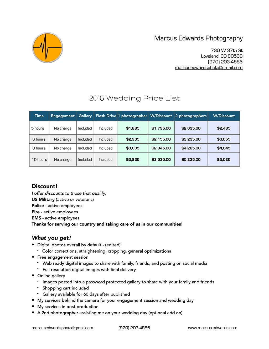 2016 Wedding Price List