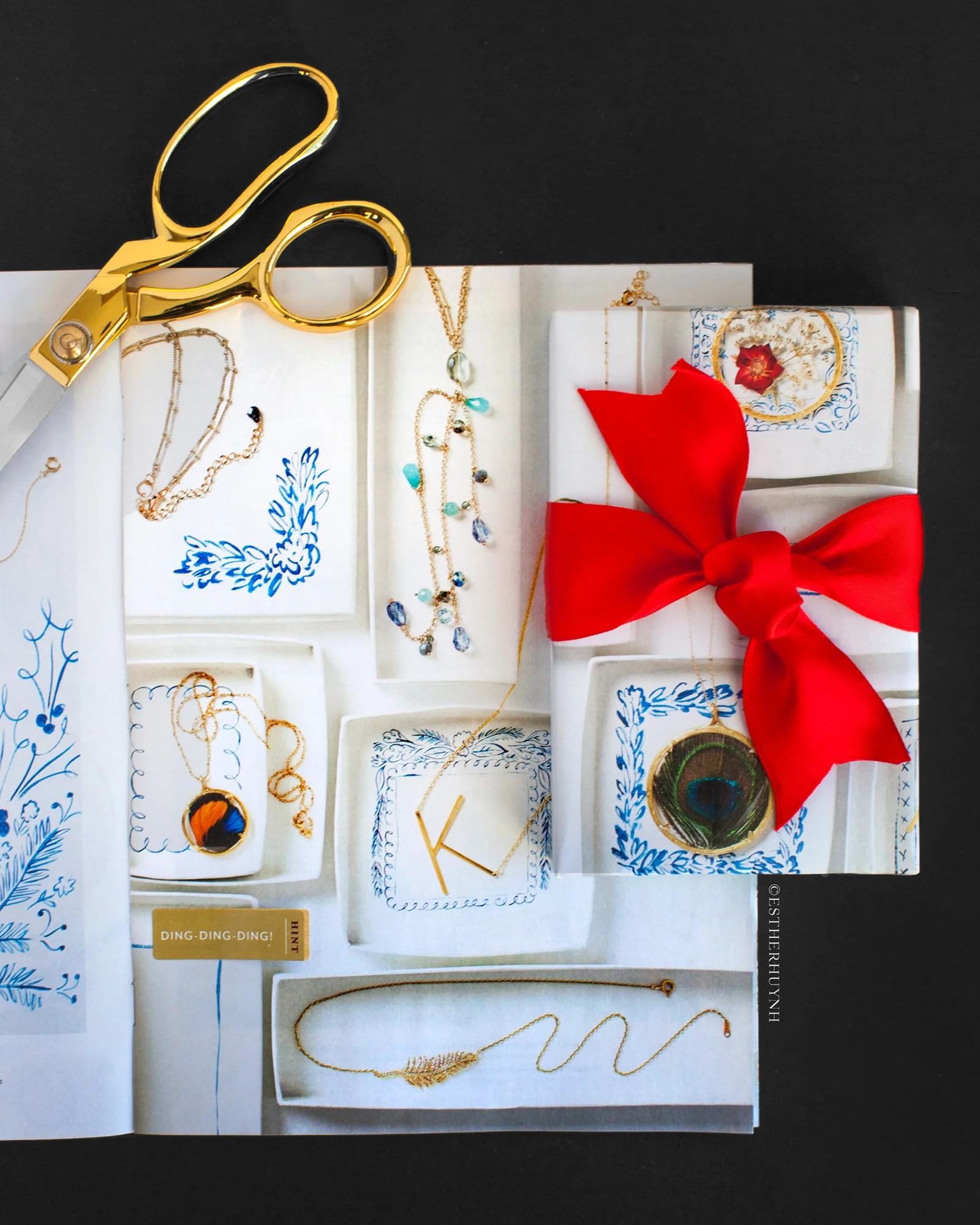WHEN CHOOSING THE RIGHT PAGE FOR WRAPPING, FIND PAGES THAT HAVE PATTERNED DESIGNS, TEXTURES, OR BRIGHT COLORS. IN THIS PHOTO, I FOUND A FULL SPREAD OF JEWELRY TRAYS & DISHES THAT ACTED LIKE A PATTERN.