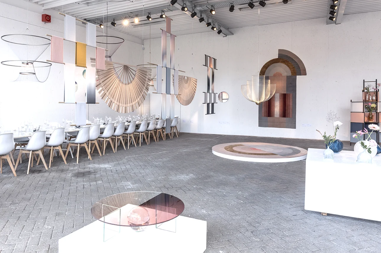 The exhibition installation featuring work by Mae Engelgeer for CC Tapis, Rick Tegelaar for Moooi, Roos Meerman, Susanne de Graaf and Studio Wave and Particle