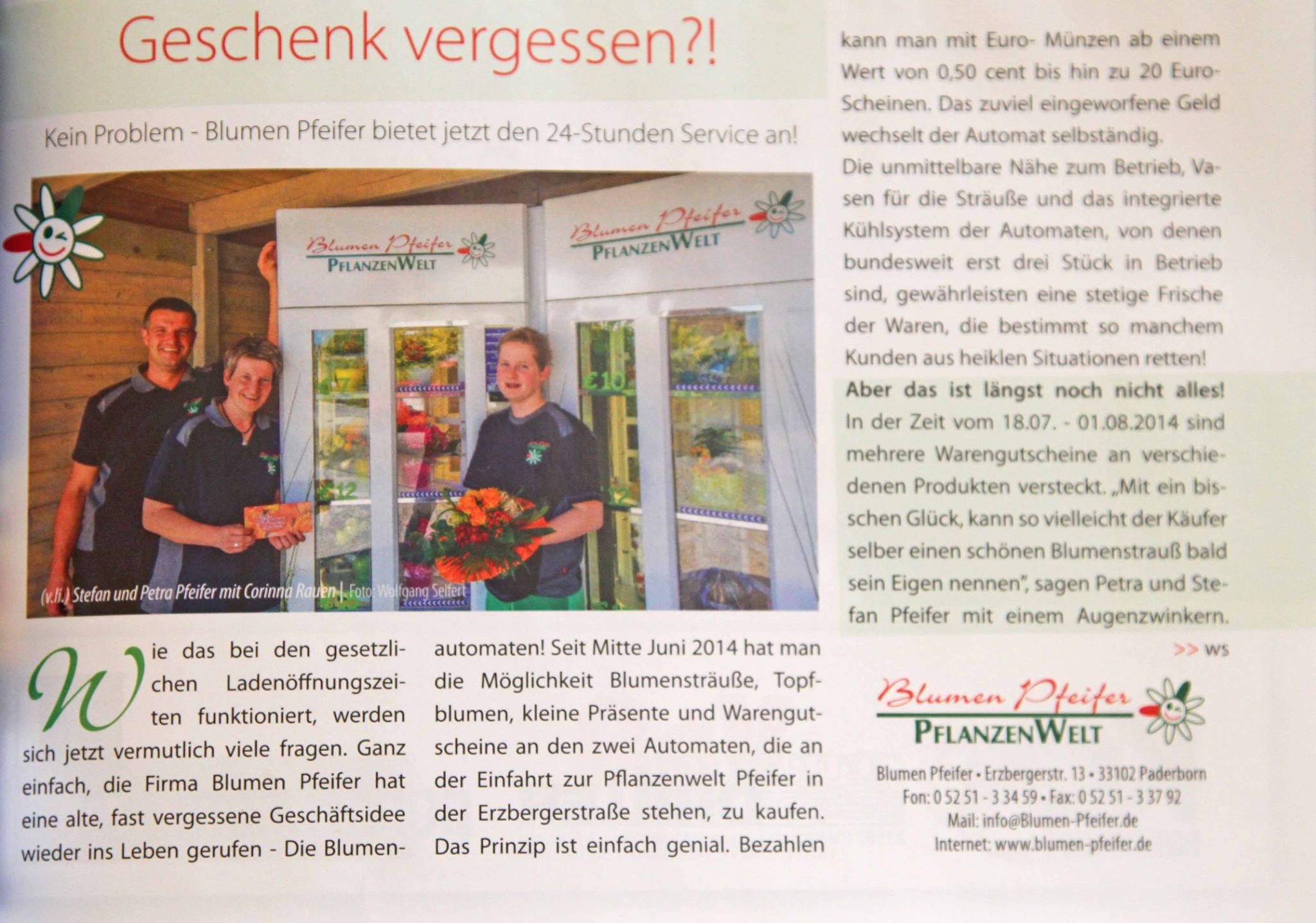 Blumenautomaten. Erschienen in der aktuellen HOCHGLANZ Paderborn - Paderborn Germany, talking about one of our clients in the city