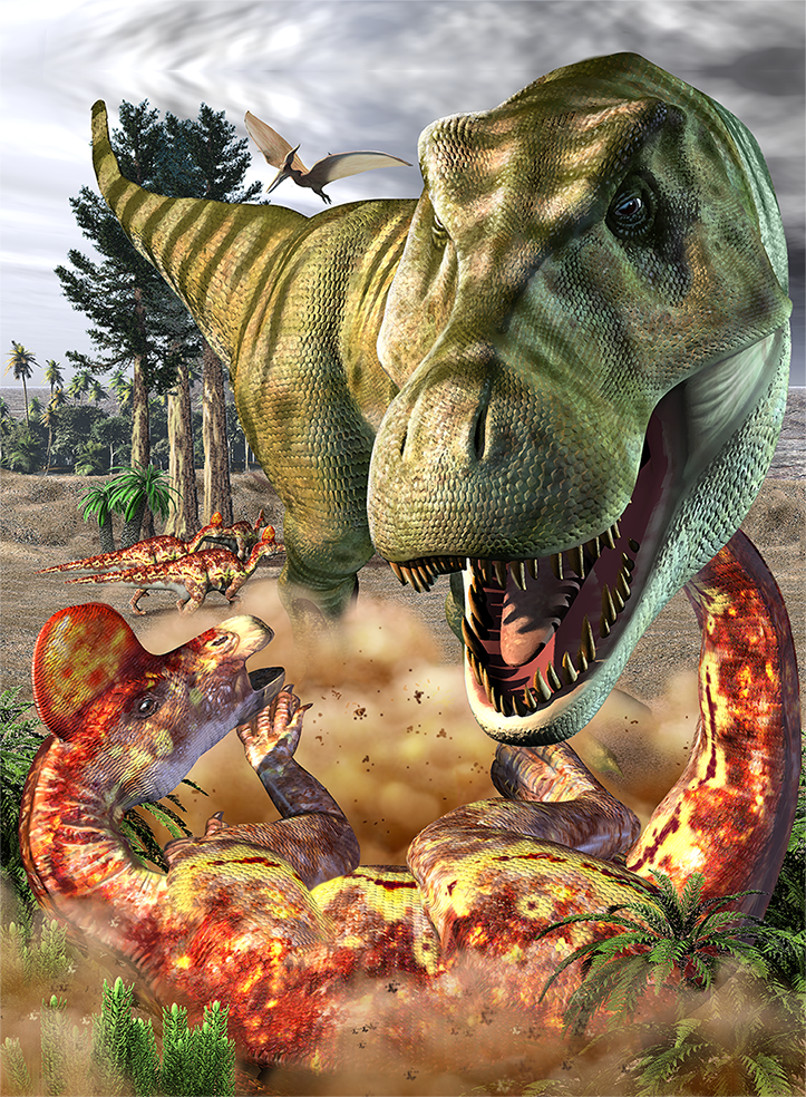 T rex attacking Corythosaurus.