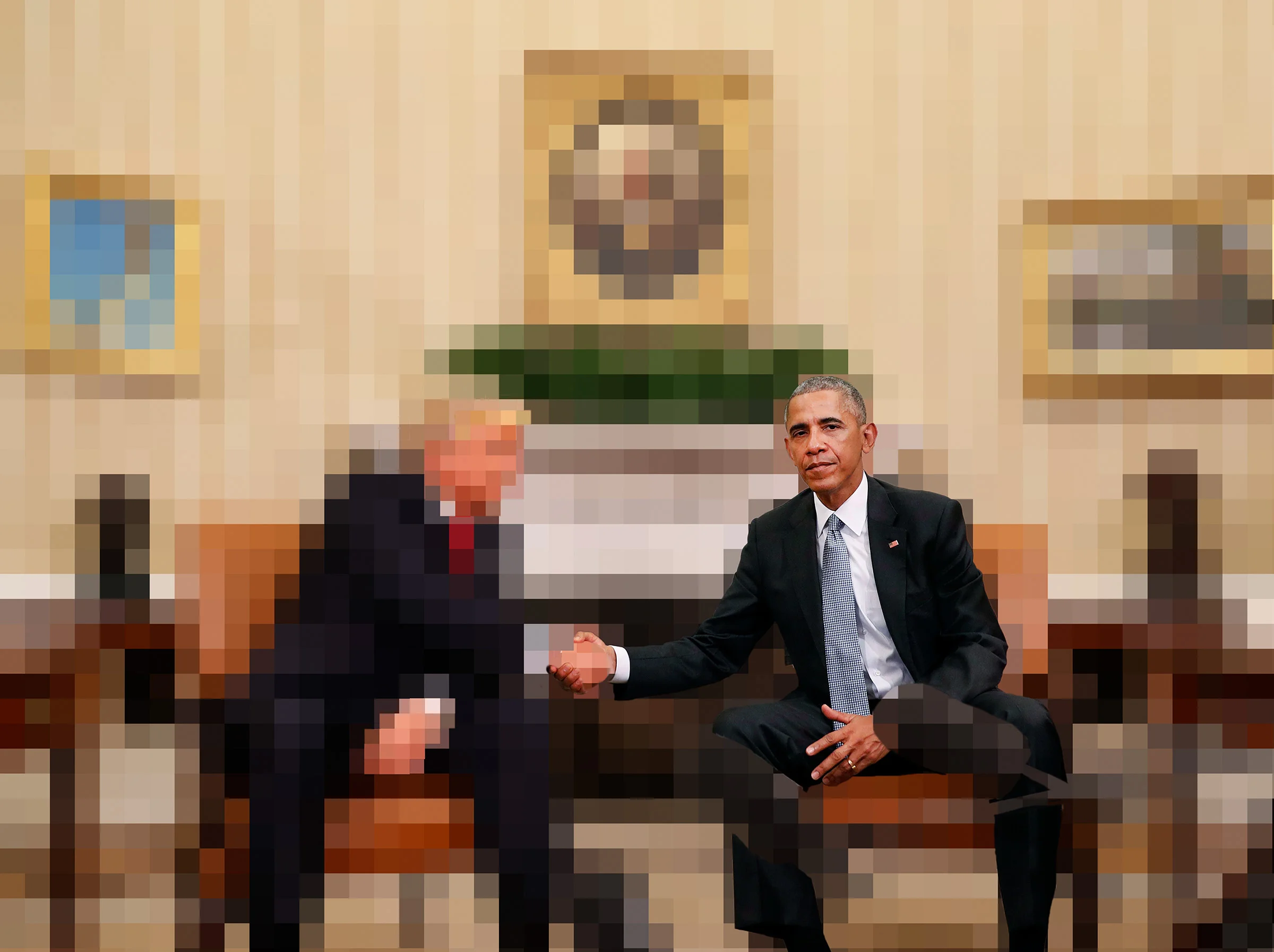 The Handshake. Manual pixelization of a press corps image, 2017.