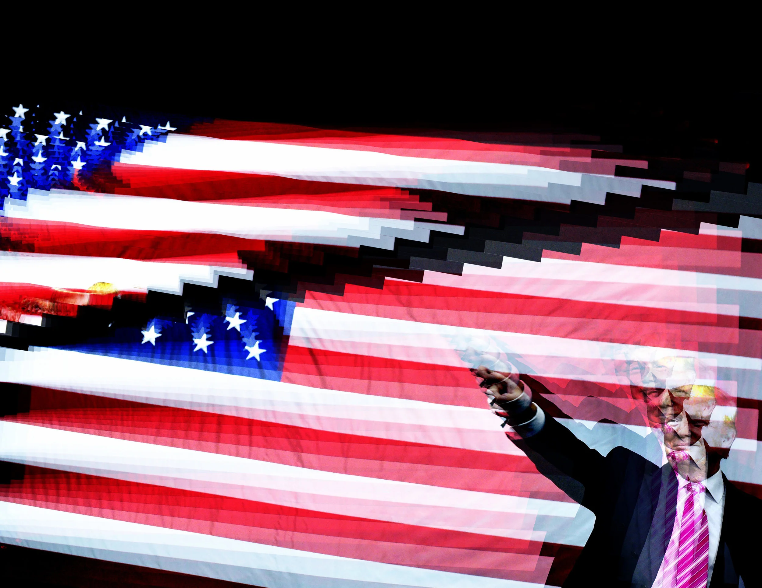 Sundered Flag, 2017. Destructive editing of a digital file via glitch technique. Original photograph by Mandel Ngan, Getty Images