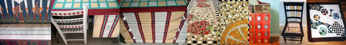 Bench for college dorm, desk, chair & dresser for 1st apartment, mosaic tables for 2nd apartment (3rd pear table not shown), cd cases, chair (seat woven with colorful electrical wire), mosaic table for friends (complete with chess board).