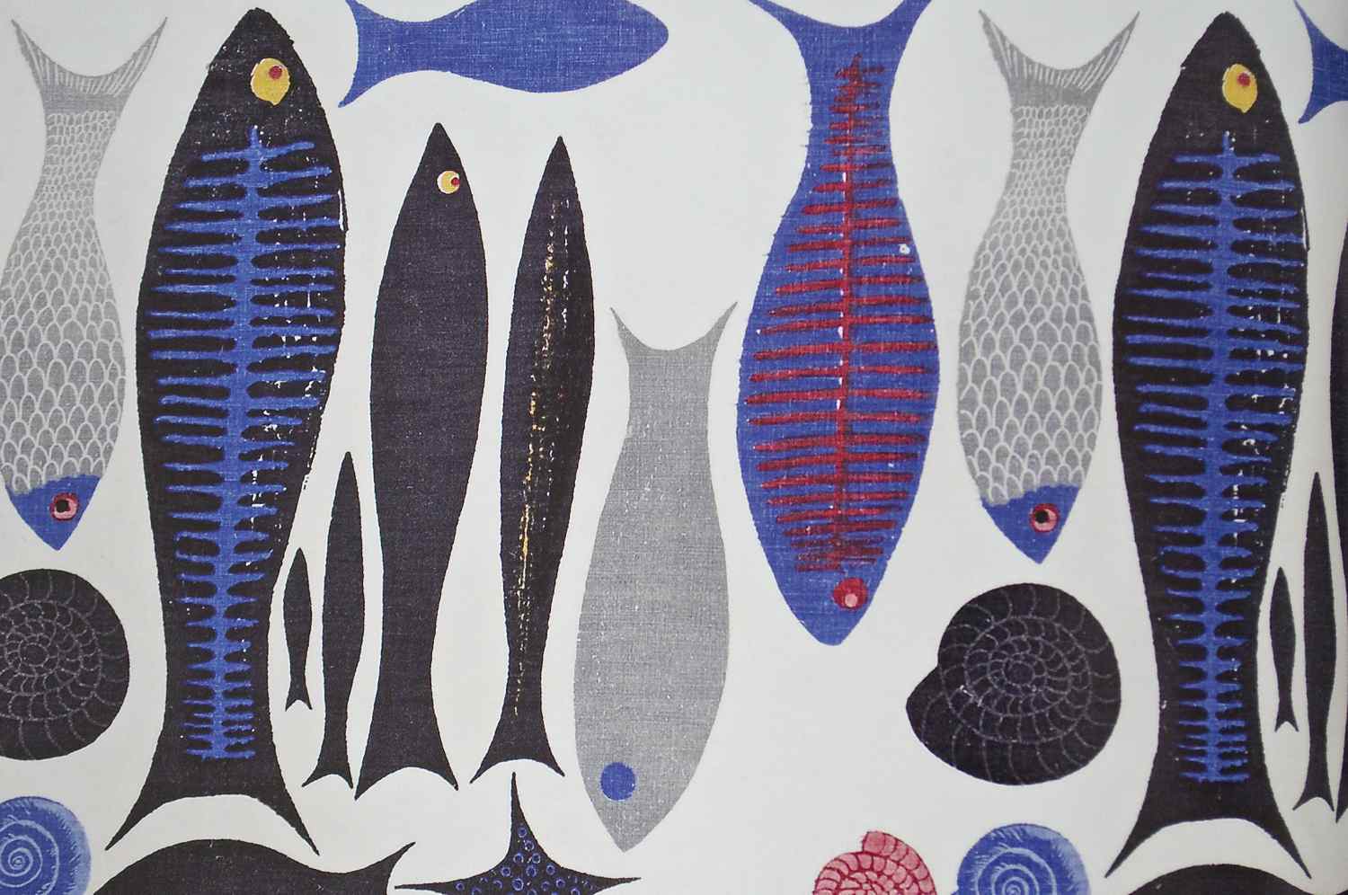 'A Fish is a Fish is a Fish', designed by the painter and designer Ken Scott in 1951. Originally printed on dress and upholstery fabric by W. B. Quaintence in NYC. On view at The American Textile History Museum's exhibit, "Artist Textiles: Picasso to Warhol," through March 29th.