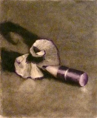 charcoal still life drawing of a colored pencil stump