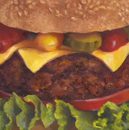 burger still life oil painting 8x8"
