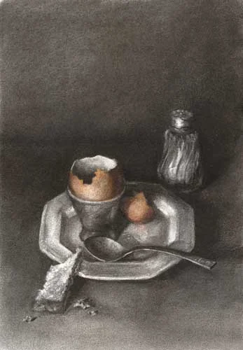 Dippy Eggs and Soldiers | charcoal and pastel still life drawing | 16x12"