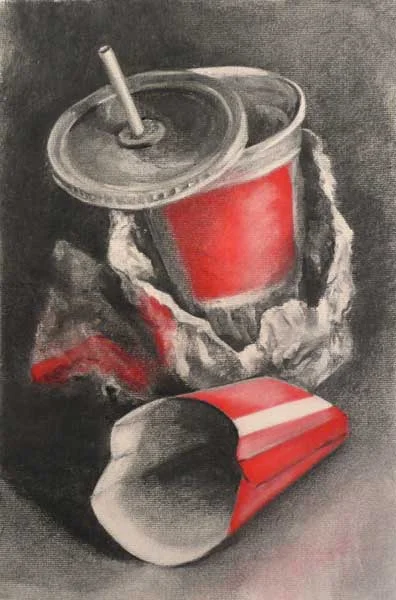 fries to go - charcoal and pastel drawing