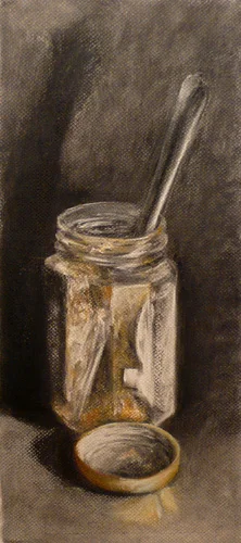 charcoal and pastel still life drawing of an empty jam jar and knife