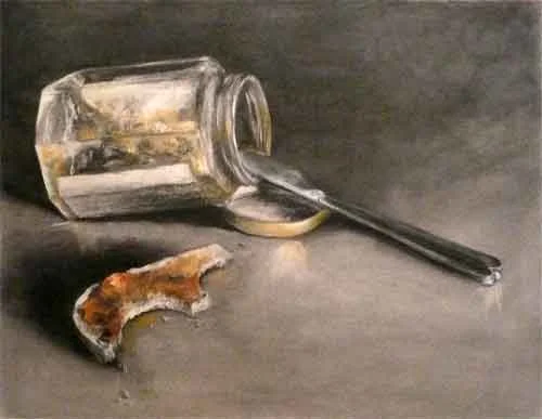 empty marmalade jar and toast crust, charcoal and pastel still life drawing