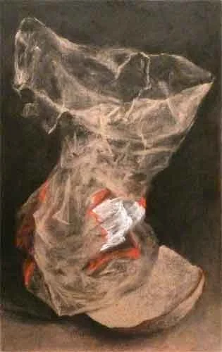 charcoal, white charcoal and pastel still life drawing of a plastic bread bag and crust