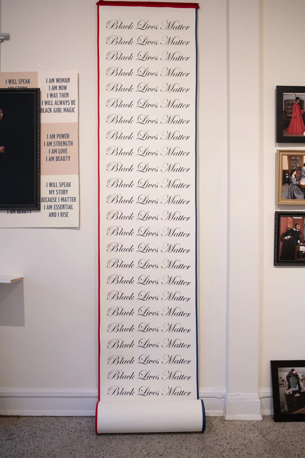 Above are thumbnail images of my work from the Francis Willard house and the polyglot petition made for the Francis E Willard and Ida B Wells image. The scroll is hand stenciled and sewn and is about 35 feet in length. In the Willard and Wells image, thumbnail second from the right, I imagine a conversation between Willard and Wells, although they are not known to have met in private in real life, only in limited public engagements. Wells is explaining her perspective to Willard, describing her observations of lynching in the American South, the grave impact on the moral and social fabric of our nation. Willard has listened deeply and felt the necessity of Wells anti-lynching movement. She is reflecting on her past comments and doing penance for her prior public words. By writing Black Lives Matter over and over and over again she is both absorbing the impact of her own previous slanderous actions and aligning herself with the movement. She is in a new found position of humility and advocacy for racial parity and justice. The scroll that Willard is composing is inspired by the Polyglot petitions that the WCTU is known for utilizing to gather signatures on a specific issue and then present before congress to demonstrate the number of supporters for a specific political issue they hope to change. In this image, Wells is both in a position of power, standing over Willard, but also one of offering advice and information. It is imagined that they are able to peel back the weight and emotion of the history of their interaction and allow themselves to be vulnerable and honest to work together toward change. By utilizing Black Lives Matter, a photo from the frontlines of the 1963 Civil Rights March on Washington and the Wells-Willard exchange we see the bridge of history of how deeply racism is institutionalized in the fabric of our nation and how much work we still have to do.