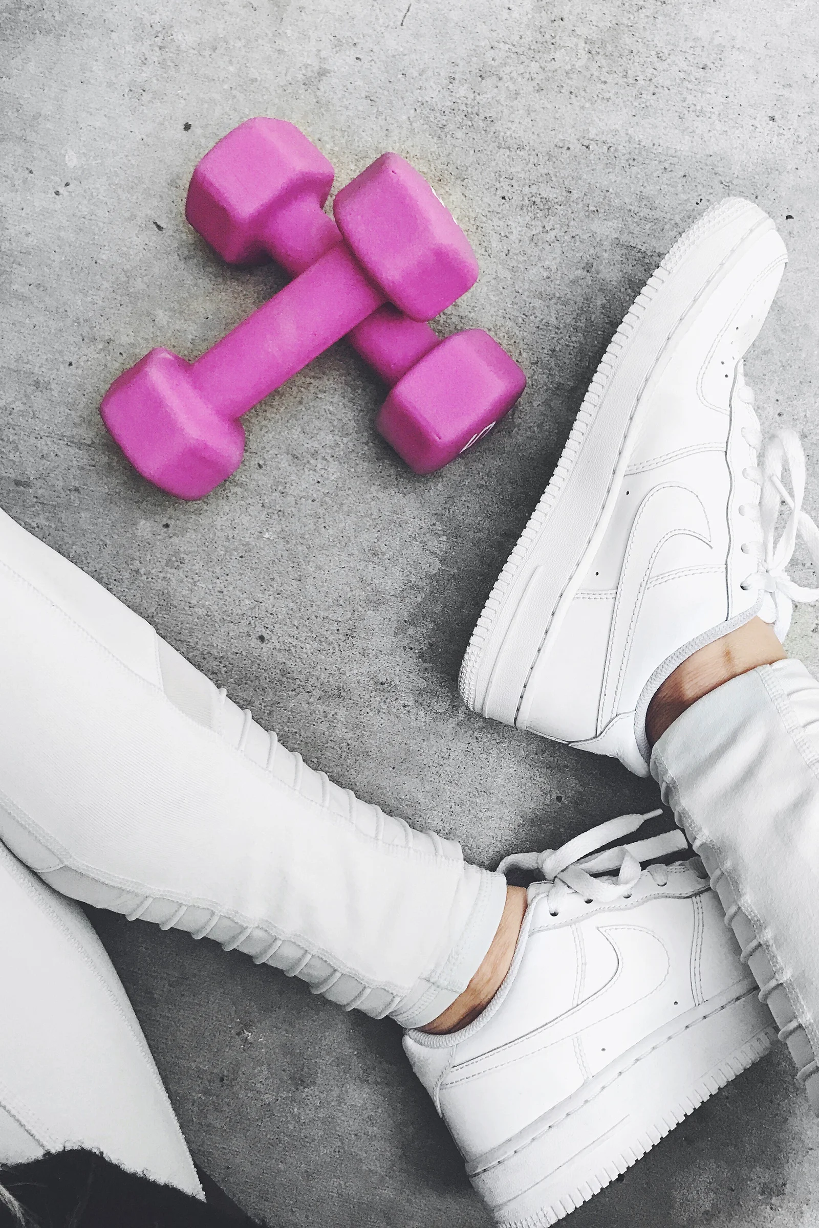 Workout / Get Fit / Pink Weights / Cute Workout Equipment / White Nike Air Force Ones / Instagram Ideas / Kelly Fiance Creative