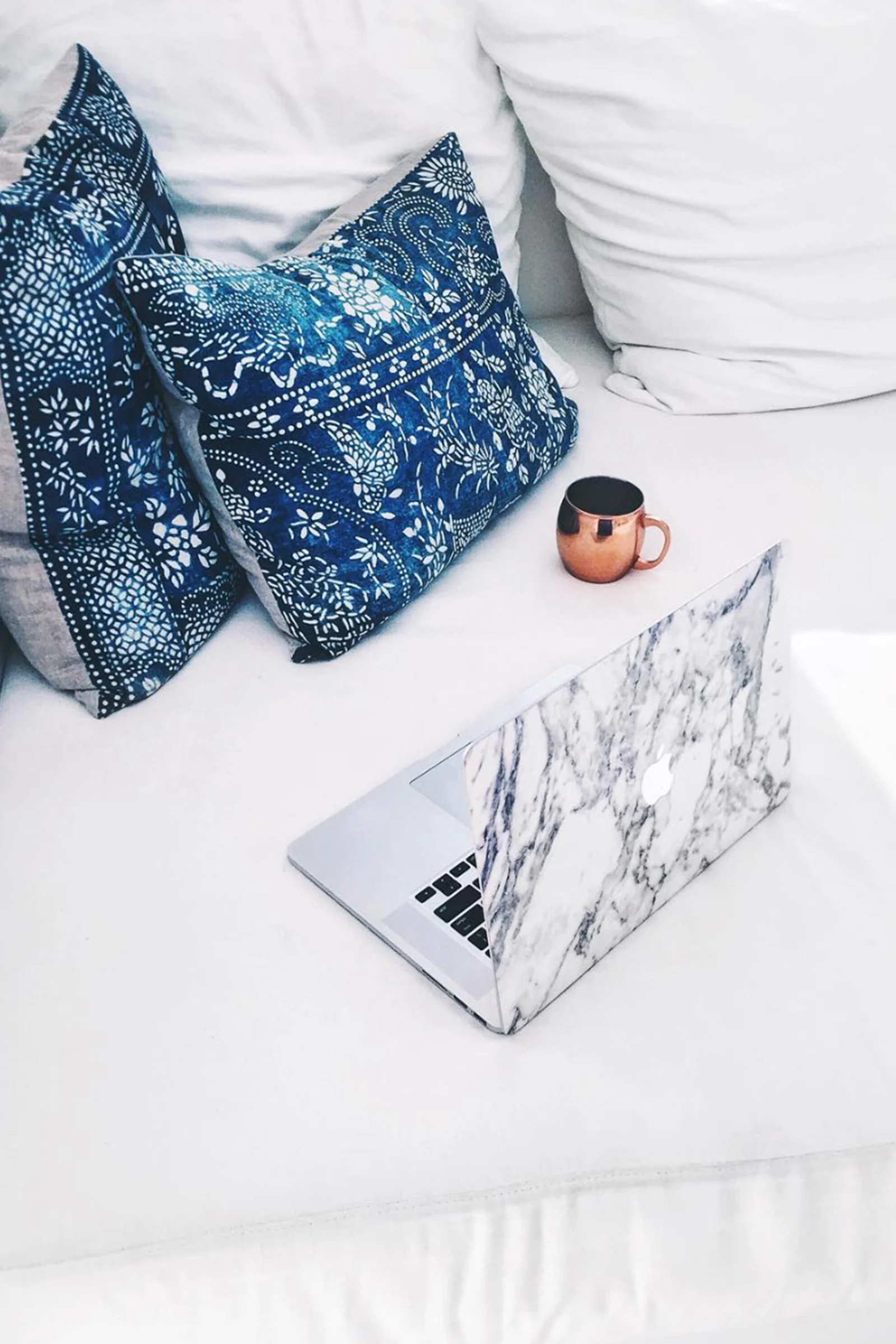 Cozy Work Station / Coffee / Marble Laptop Cover / Mudcloth Pillows / Home Decor / Kelly Fiance Creative