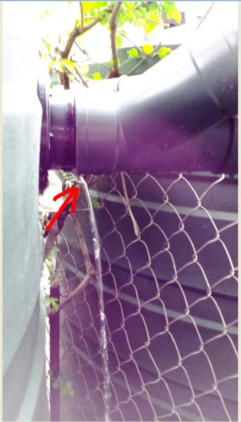This is a more extreme leak at an overflow joining two tanks. Here is a case where the filled tanks have shifted and the pipe needs to be pushed back onto the overflow joints