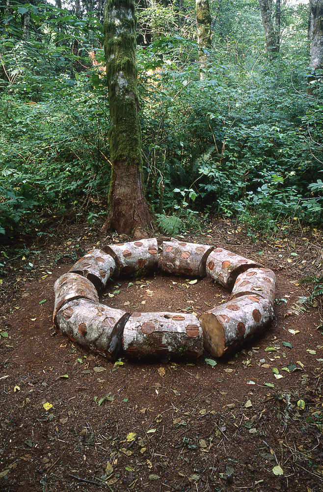 "Nemeton", wood sculpture 8' diameter and 2' h ; ebonized Alder and inlaid old growth Cedar bark; installed at HorseHead International Sculpture Exhibition; © Tom Gormally