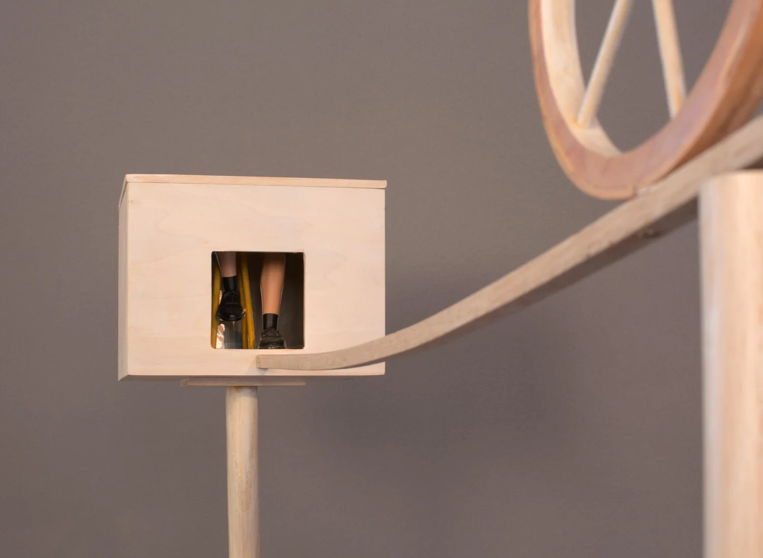 "Tightrope" (detail), 64” h x 7” w x 42” d, wood, mylar, solar collector and light bulb, found object; ©Tom Gormally 2014