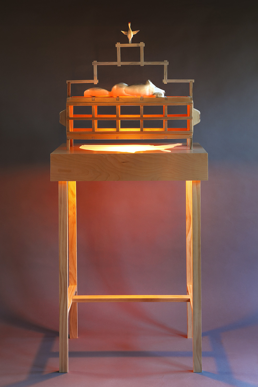 "Fox Trap", 65" h x 28" w x 16" d; wood, stain, plexiglass, acrylic paint, LED light; © Tom Gormally 2018