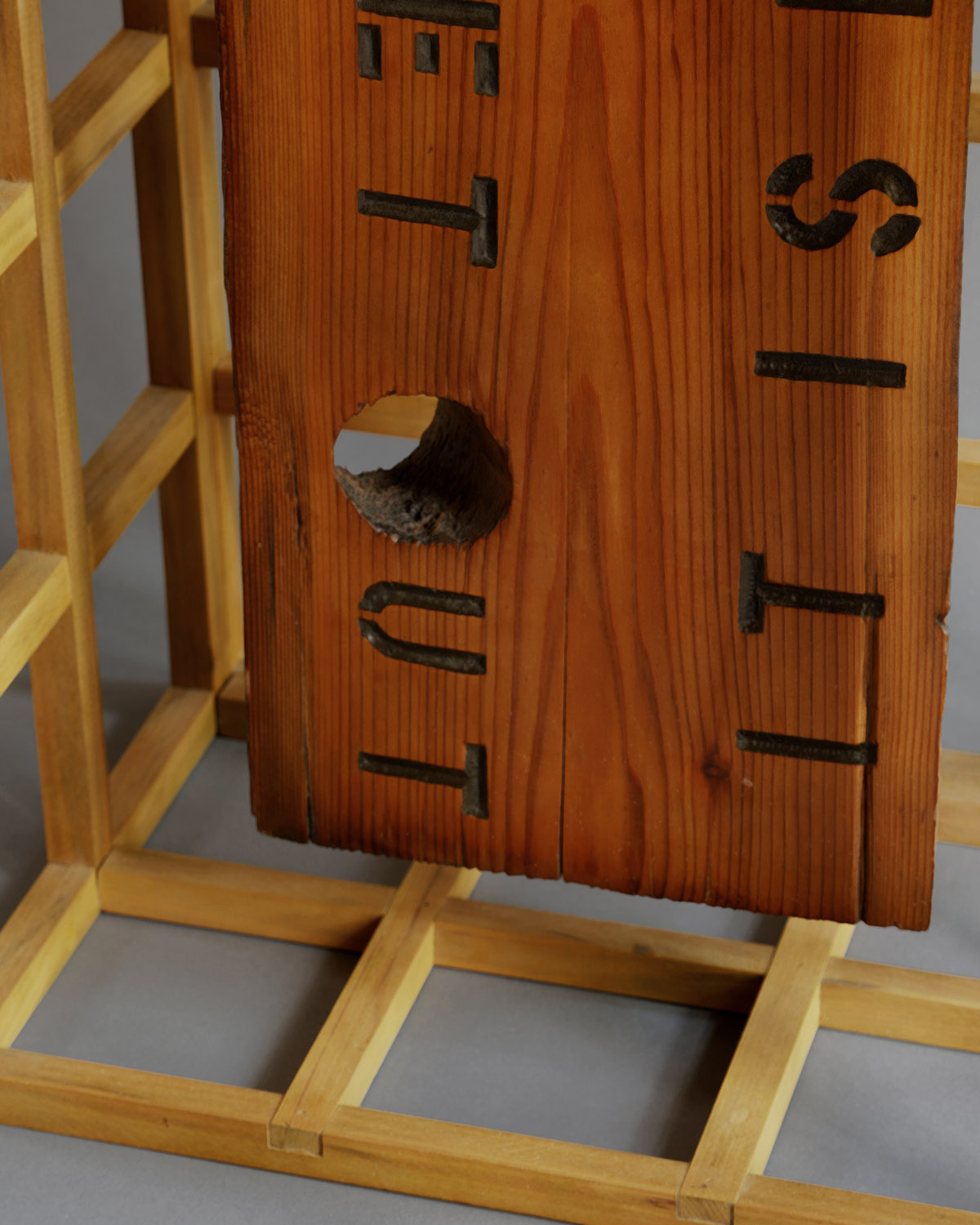 "It's Easier To Get In This World Than To Get Out" (detail), 60" h x 40" w x 24" d; popular, cedar, wood dye; © Tom Gormally 2001