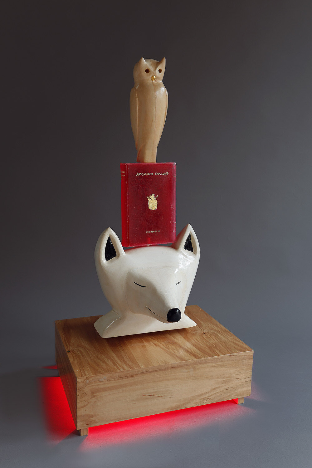 “Sleeping Fox, Book, and Owl,” 35” x 18” x 13.5”, Wood, cast resin, gold leaf, LED light, paint, @ Tom Gormally 2020