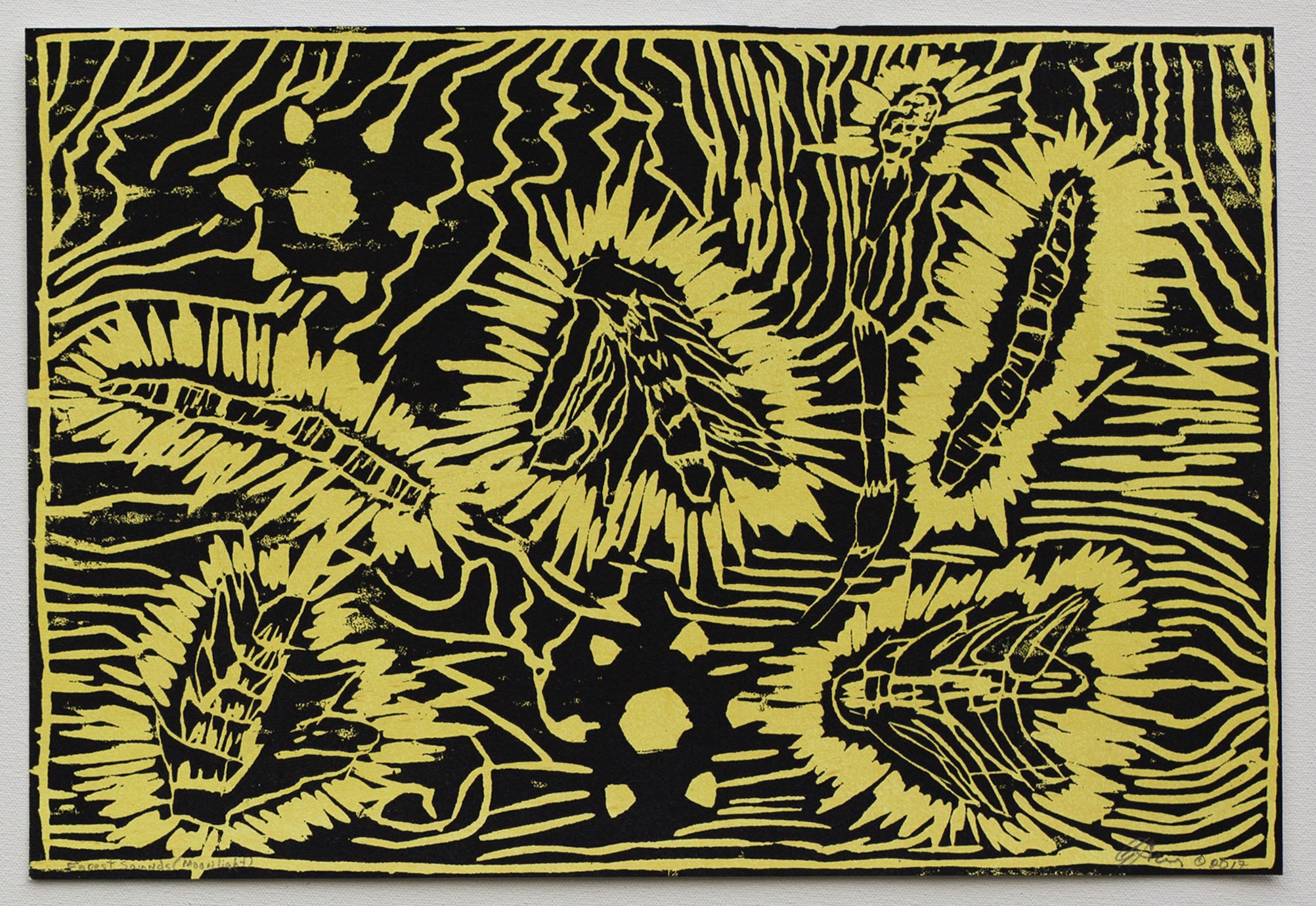 "Forest Sounds (Night)," 2017, wood cut and applied ink, 15" x 22".