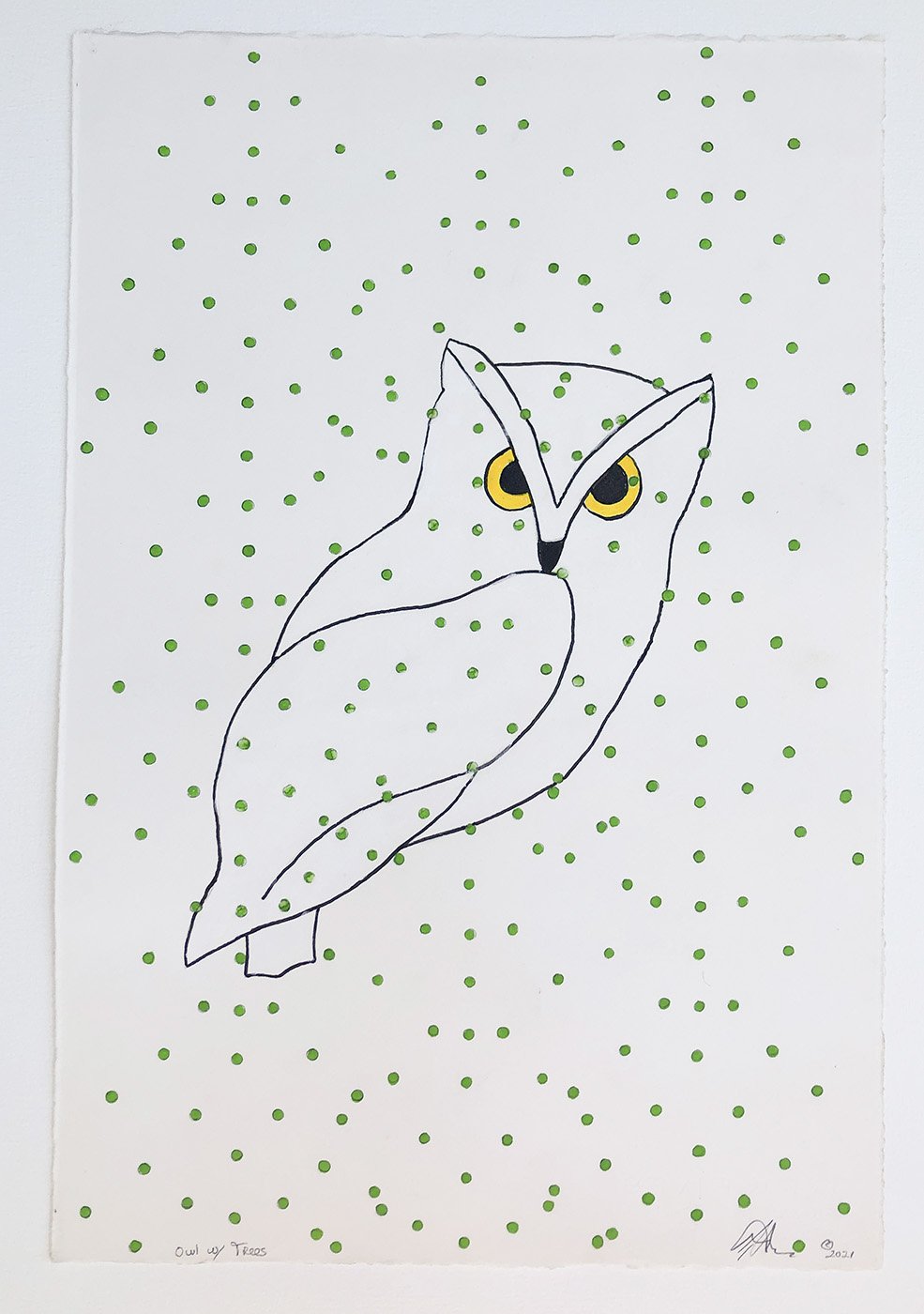 "Owl with Trees," 2021, Gouache, sumi ink, pencil on Arches paper, 22.5" x 15".