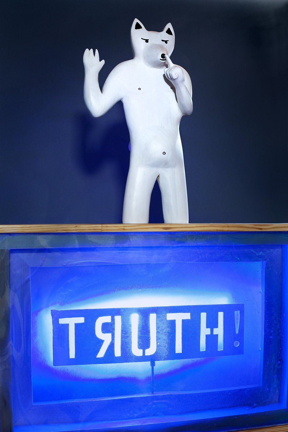 "Truth TV, (detail)" 2023, 65" x 36" x 32", carved and fabricated wood, pickling, paint, cast resin, LED lights