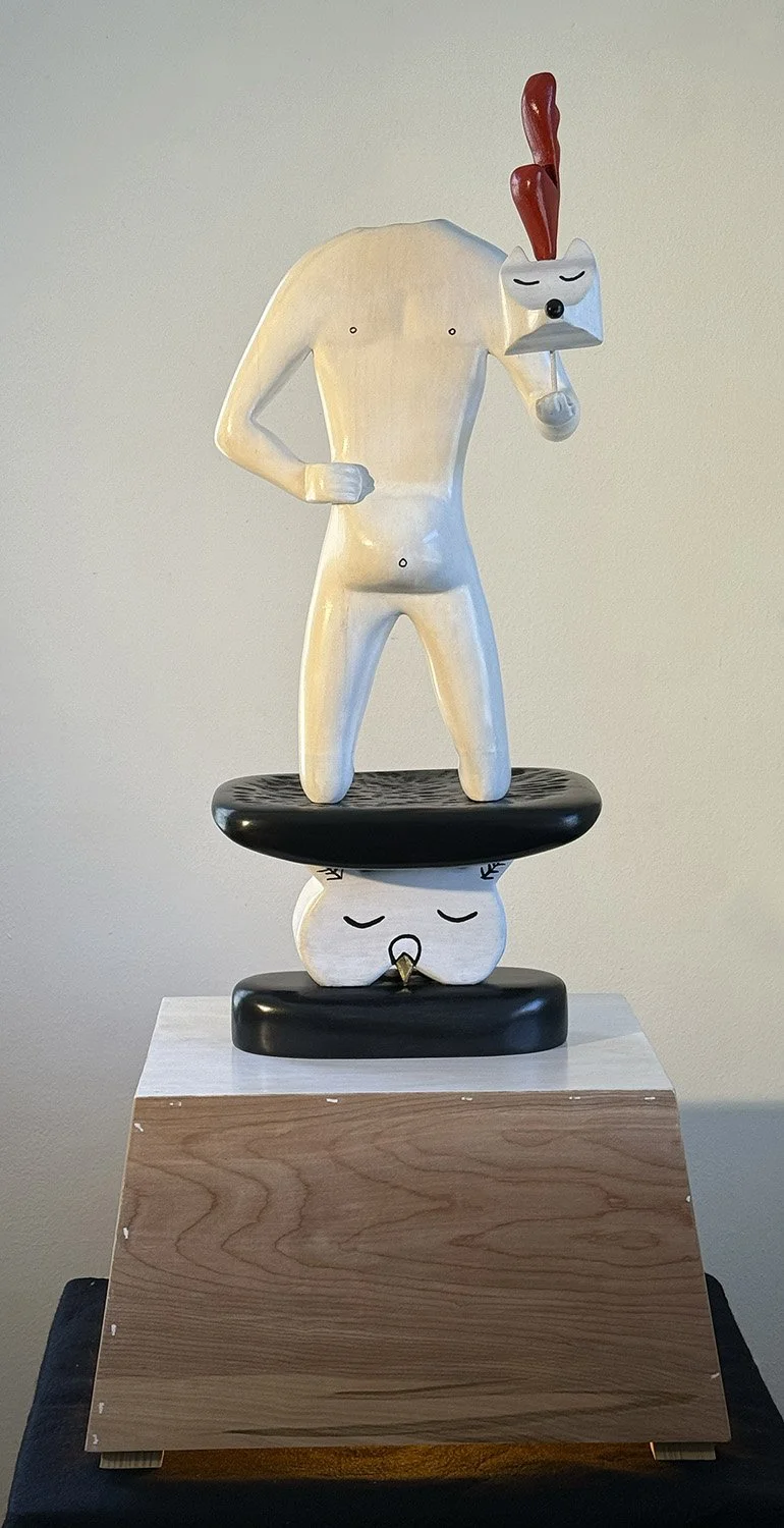 "Keeping Your Head While All Those Around You Are Losing Theirs", 2025, carved, pickled, and stained wood; gold leaf, LED light, 38” x 18” x 16” Photo: Malayka Gormally