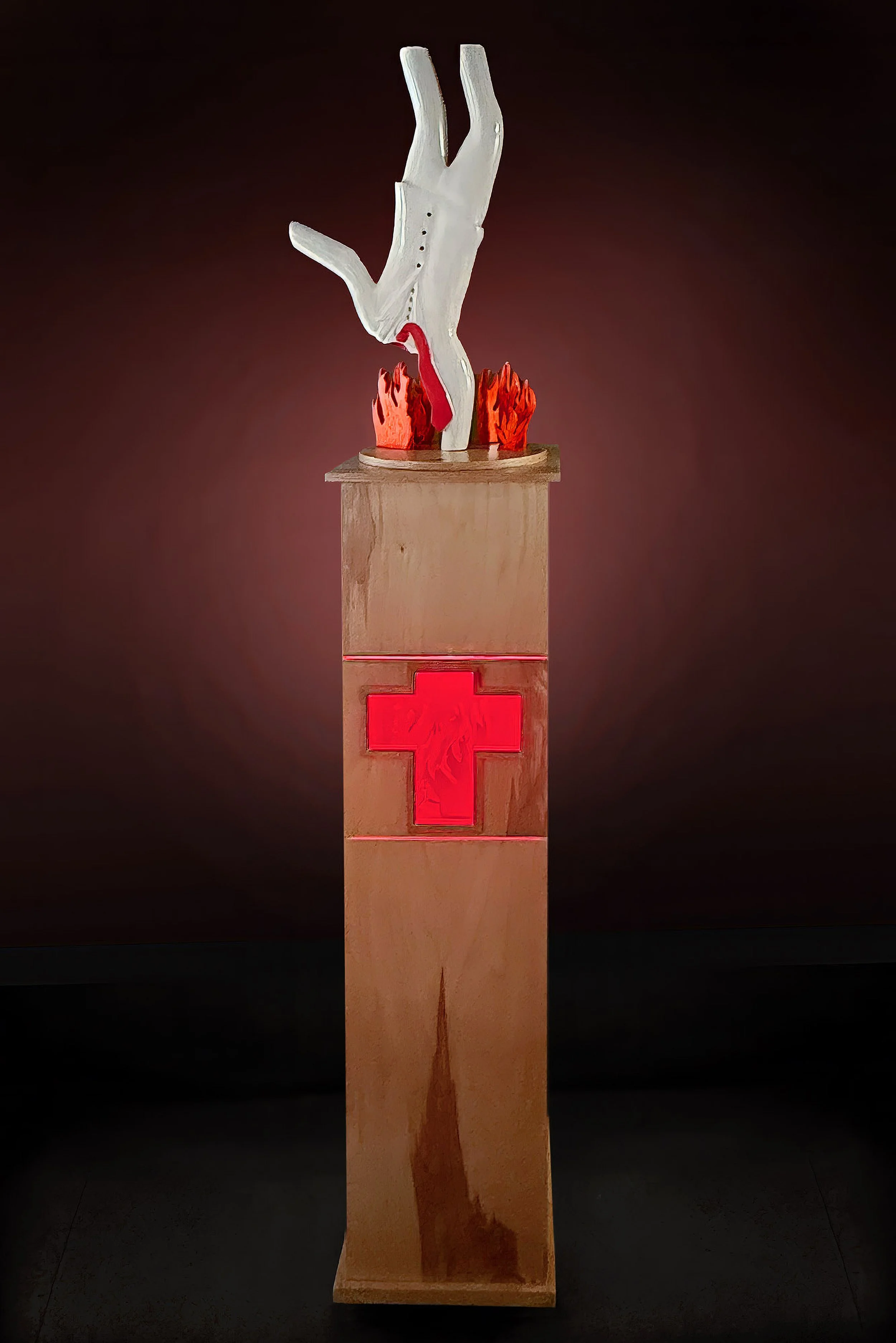 "Empty Suit (Taking a Dive", 2026. Wood, paint, LED light.  73” x 15” x 12”  Photo: Malayka Gormally, Photoshop Mark Woods