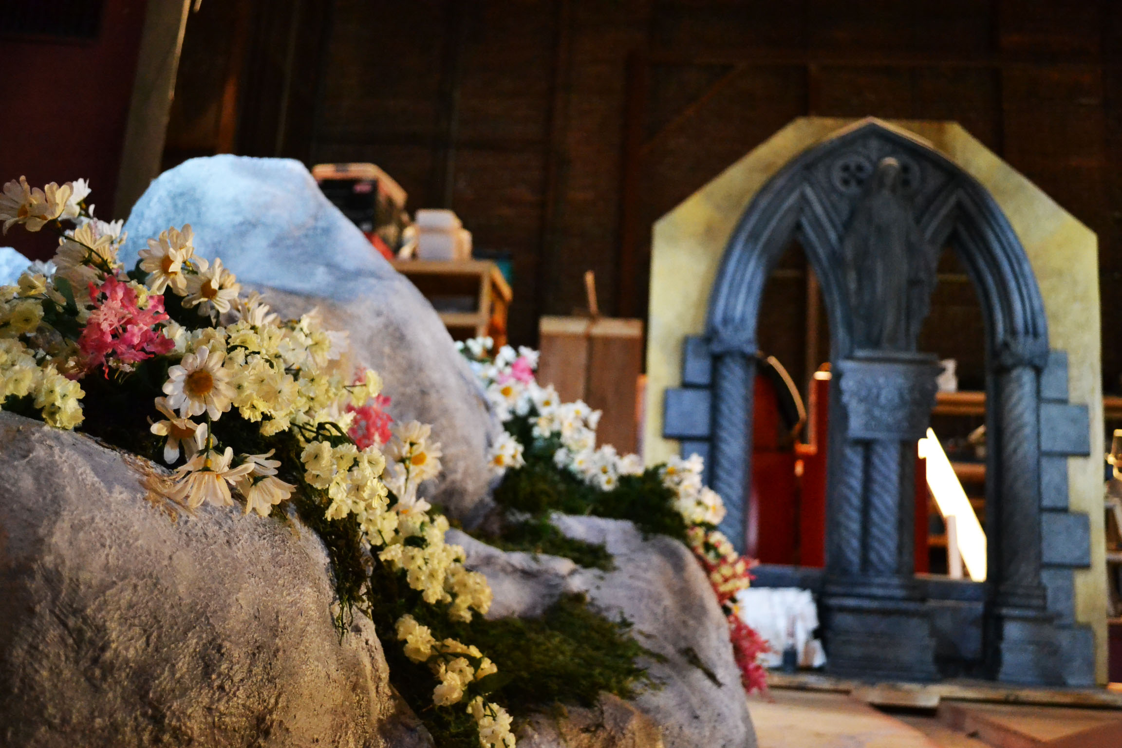 Set construction in process. Maria's mountain in foreground. Mother Abbess Office in rear. Set design by Joel Froomkin.