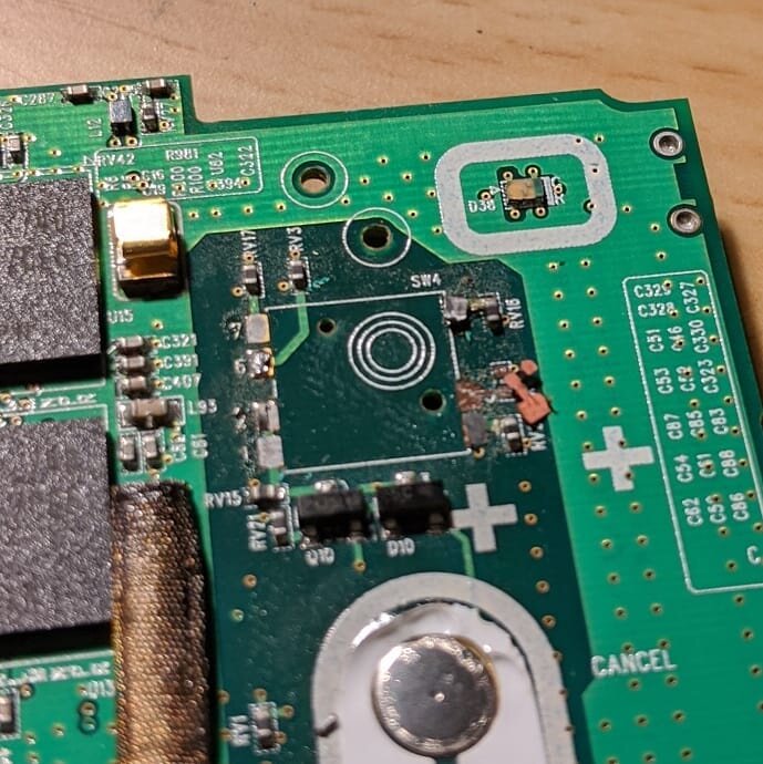 Surface mount device rework gone wrong. I purchased all of the parts to fix this board, even waited nearly a month for a switch from Poland. But it looks like the solder pads and some resistors decided to lift off the board with the old switch. As a 
