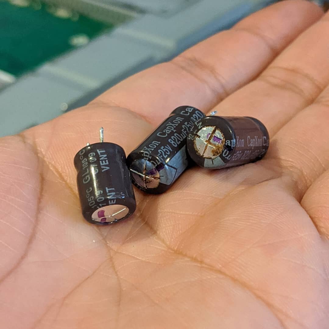 Replaced the capacitors in a computer monitor I brought at a thrift store a few years ago. The monitor was flickering enough to give me a headache and would take up to three minutes to get a solid picture. Hopefully the new caps will fix the problem.