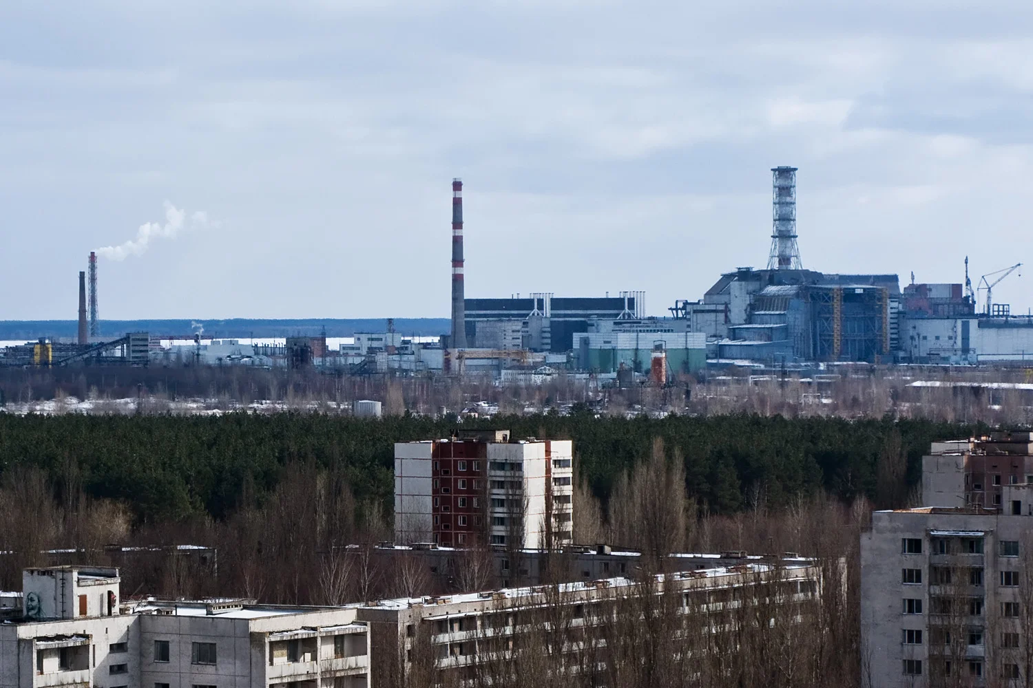 Reactors of the Chernobyl atomic plant as seen from the top of the building. The working plant is a conventional plant supplying electricity to the area.