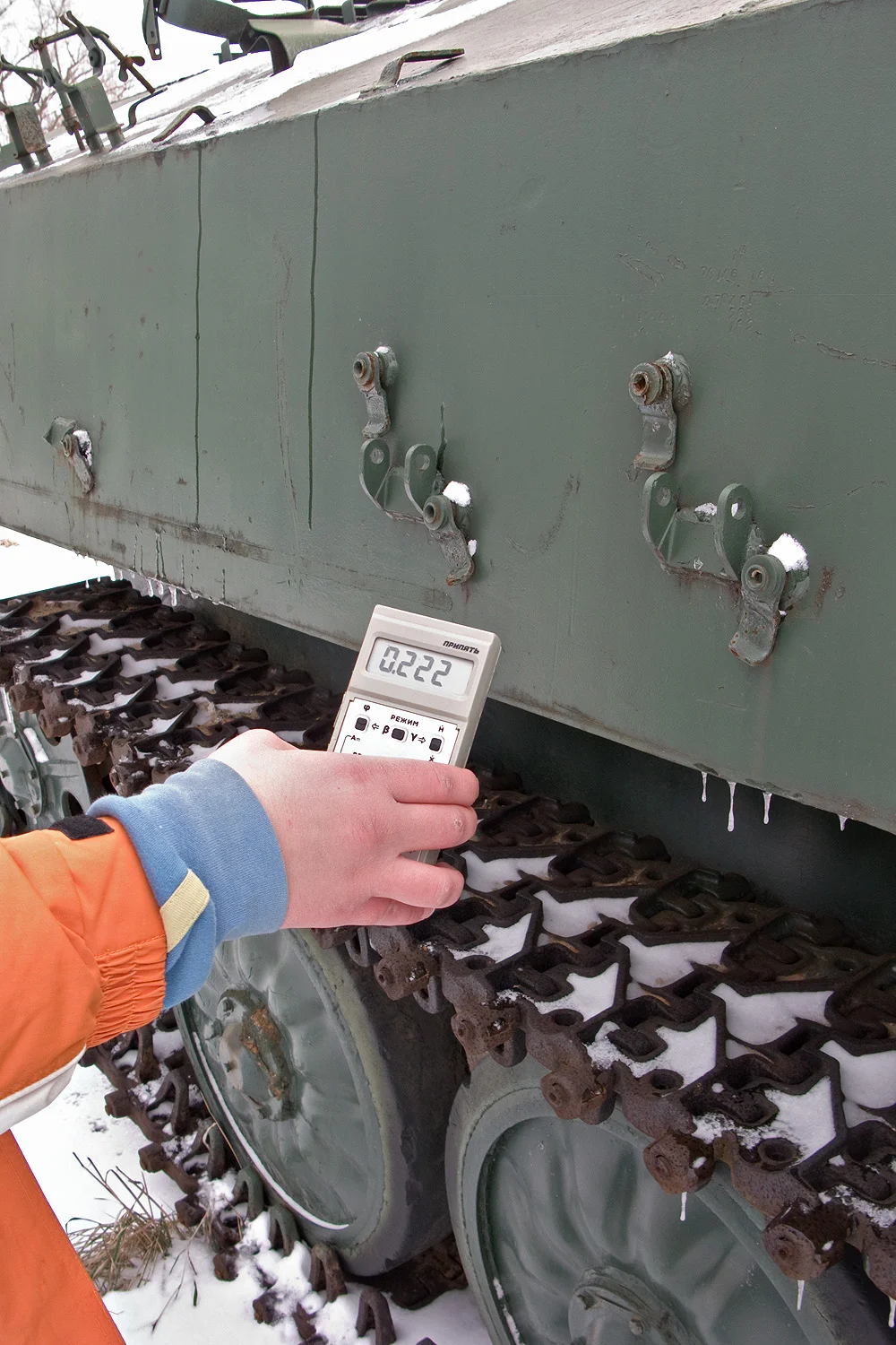 Radiation reading in mili-rads on the right side of a tank used in the rescue operations after the accident, about 18 times normal background radiation.