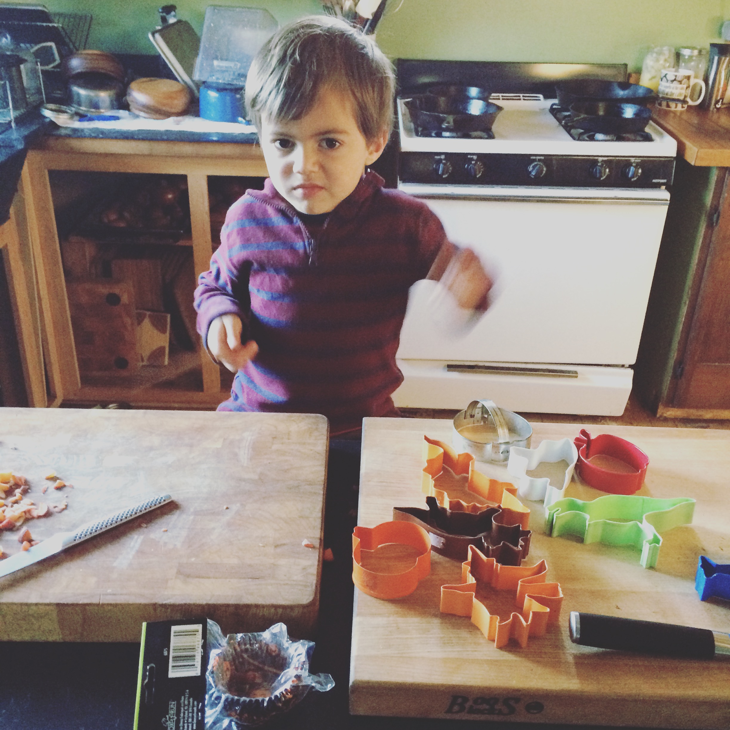 Wilder drumming on the chopping blocks with chopsticks - newly appointed activity for enthusiasm in the kitchen moments.
