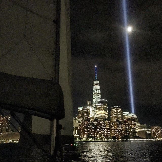 9/11 Tribute in Lights seeming to reach past the moon.