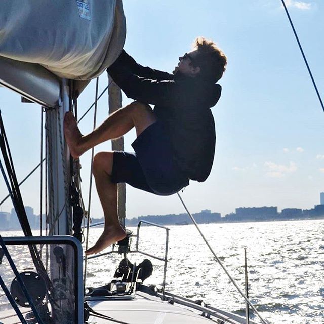 The final hoist of the 2016 Summer Sailing Season. Atlantic Yachting 1st Mate Ben K. Does the honors on a breezy October day. Thanks to everyone who joined AY this summer. Photo via Atlantic Yachting Capt @radiodavej24 #sail #nyc #beneteau #doyle #sa